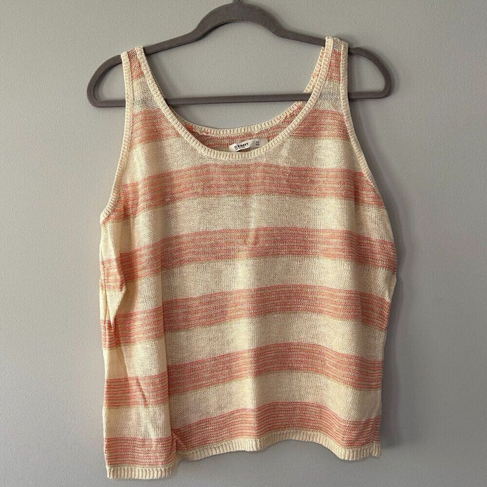 Y2K Linen Blend Sweater Tank Top XL Cream Old Navy Crochet Knit Stripe Boho Boxy